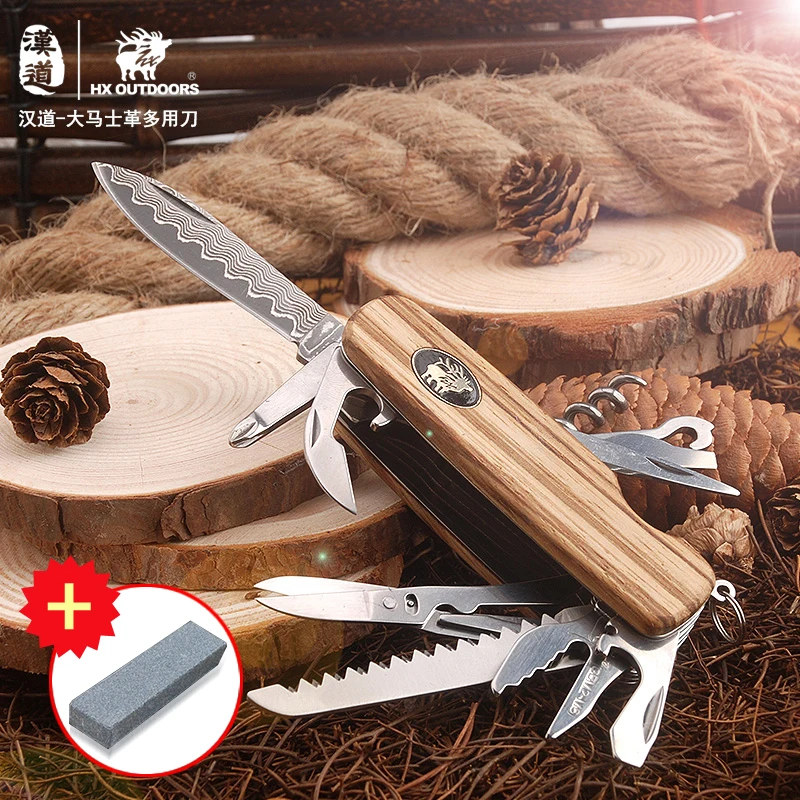 

HX OUTDOORS Guardian Damascus Field Surge Army Knife Multi-Function Wooden Handle Multi Folding Knife Outdoor Self-defense Tool