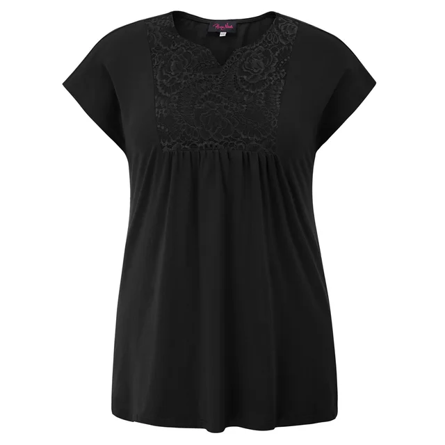 Women Plus Size T shirt Black Comfy Short Sleeve V Neck Lace Decorated