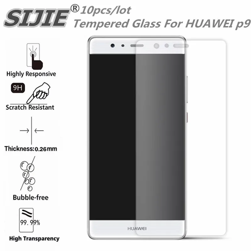 

SIJIE 10pcs Tempered Glass For HUAWEI p9 2.26mm Screen Protector protective front stronger 9H hardness thin discount