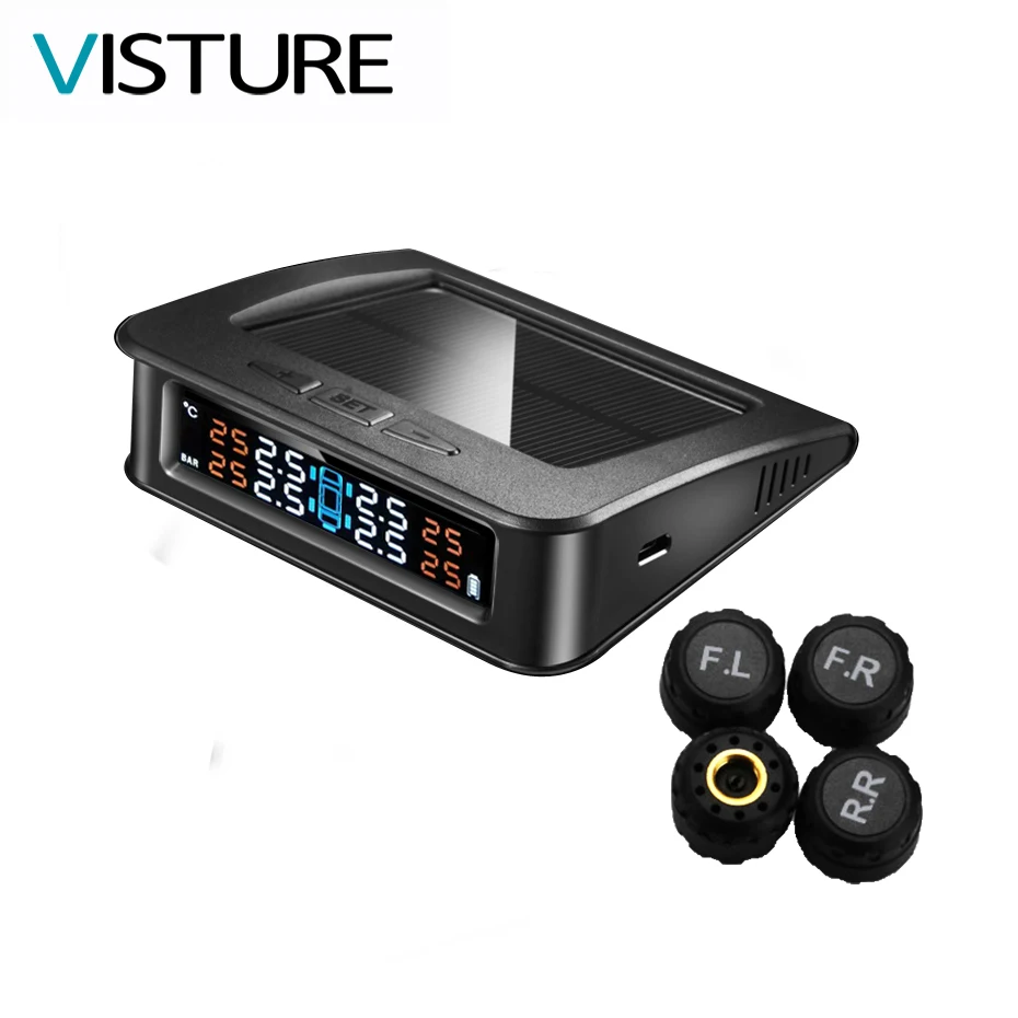 

5 pcs / lot TPMS Solar Power Car Tire Pressure Monitor System Tyre Alarm Universal 4 External Sensor Temperature Alarm T02B