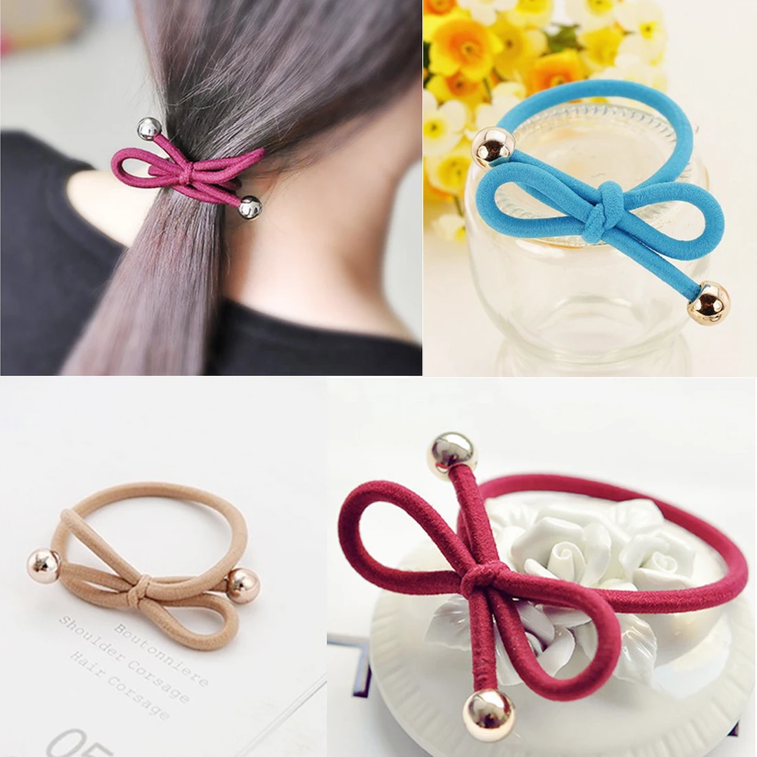 2pcs Fashion New Women Elastic Hair Band Colorful Hair Tie Rope Bow Ring Rubber Ponytail Holder For Girls Accessories