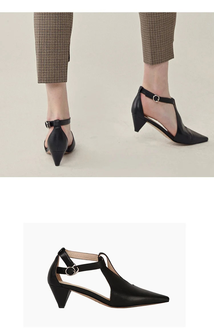 Женская Винтажная обувь черные кожаные туфли босоножки с острым носком вечерние туфли на низком каблуке-рюмочке