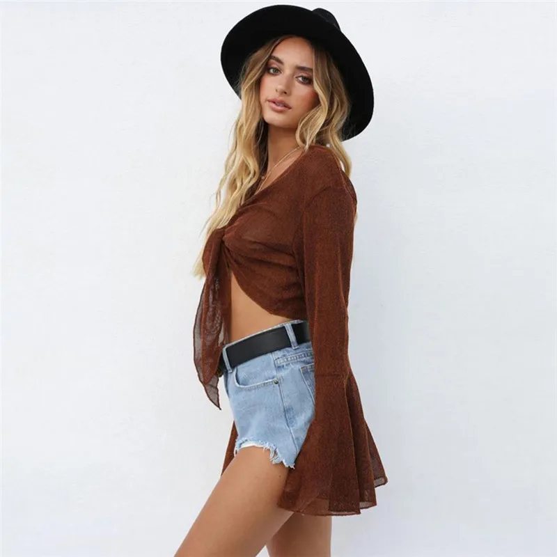 Cryptographic Fashion V neck brown blouse shirt bow sexy crop top short blusas 2018 autumn cropped top women blouses clothes Cryptographic Fashion V neck brown blouse shirt bow sexy crop top short blusas 2018 autumn cropped top women blouses clothes