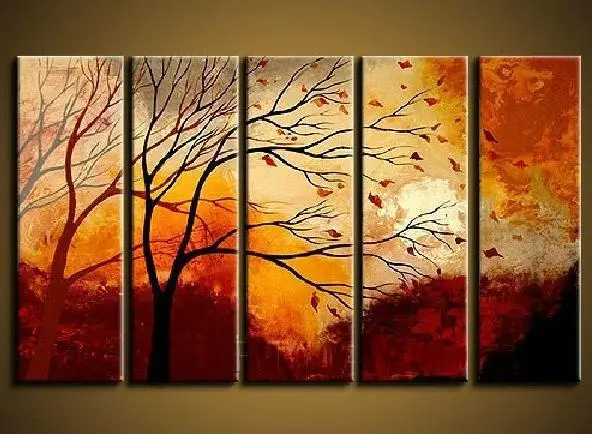 

Free shipping! Hand painted modern home decor Autumn tree Landscape abstract oil paintings 5 panels
