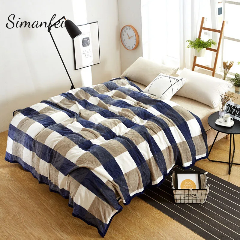

Simanfei Blankets Superfine Soft Flannel Plaid Print Bed Textile Coral fleece Bed sheet Bedspread Throw Blanket For Sofa and Bed