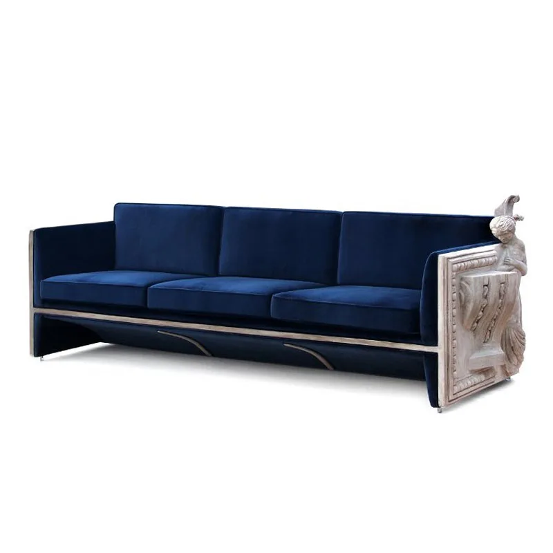 

European high-end custom wood hand-carved fabric sofa for 3 people