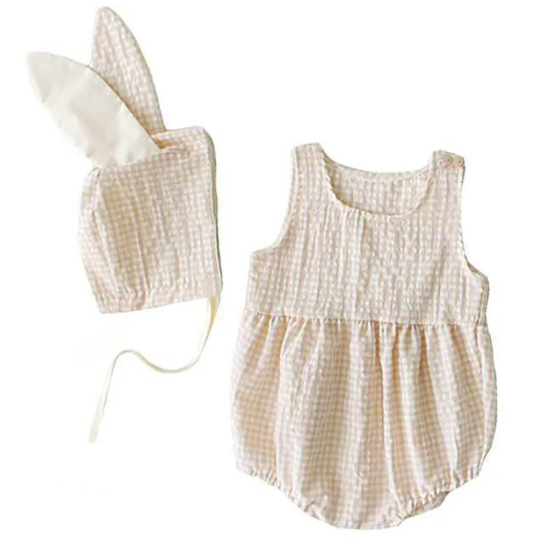 

Cute Infant Summer Rabbit Ears Short Sleeve Plaid Print Girls Boys Jumpsuit Climb +Hat Two-piece Set 0-3T Lovely Newborn Clothes
