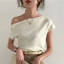 2019 estilo coreano tejido Top mujer camiseta verano Sexy un hombro hielo seda tejido camiseta Casual calle Chic Camisetas 7 colores(China)