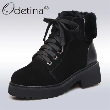 

Odetina Geniune Leather Women Boots Luxury Fur Turned-over Edge Boots Fashion Lace Up Women Ankle Boots Square High Heels Winter