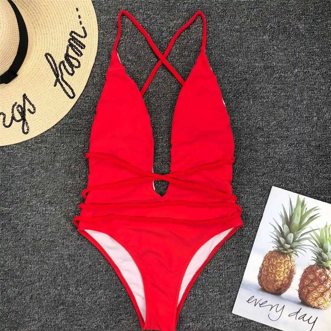 Самодельный купальник с длинными ремешками, Цельный купальник для женщин, женская одежда для плавания, купальный костюм с v-образным вырезом, одежда для плавания, монокини V1064R - Цвет: Красный