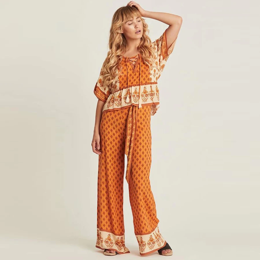 

TEELYNN summer women stylish pants 2019 rayon orange Floral print wide leg longs Ajustable belt Gypsy trousers 2019 Boho pants