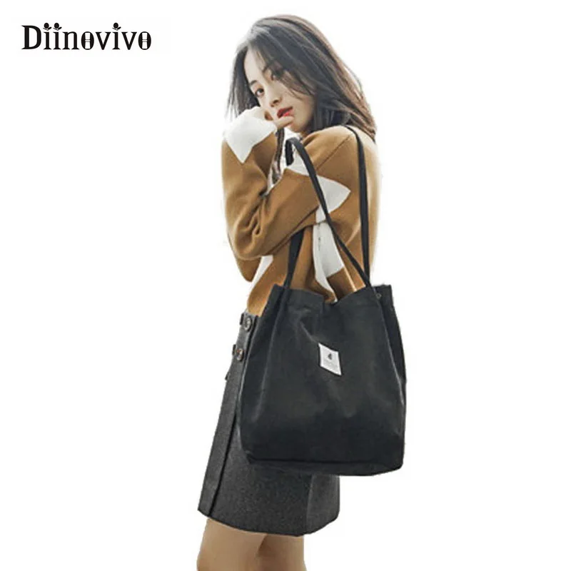 

DIINOVIVO Woman Corduroy Shoulder Bag Reusable Shopping Bags Casual Tote Female Handbag Female High Capacity Beach Bag WHDV0993