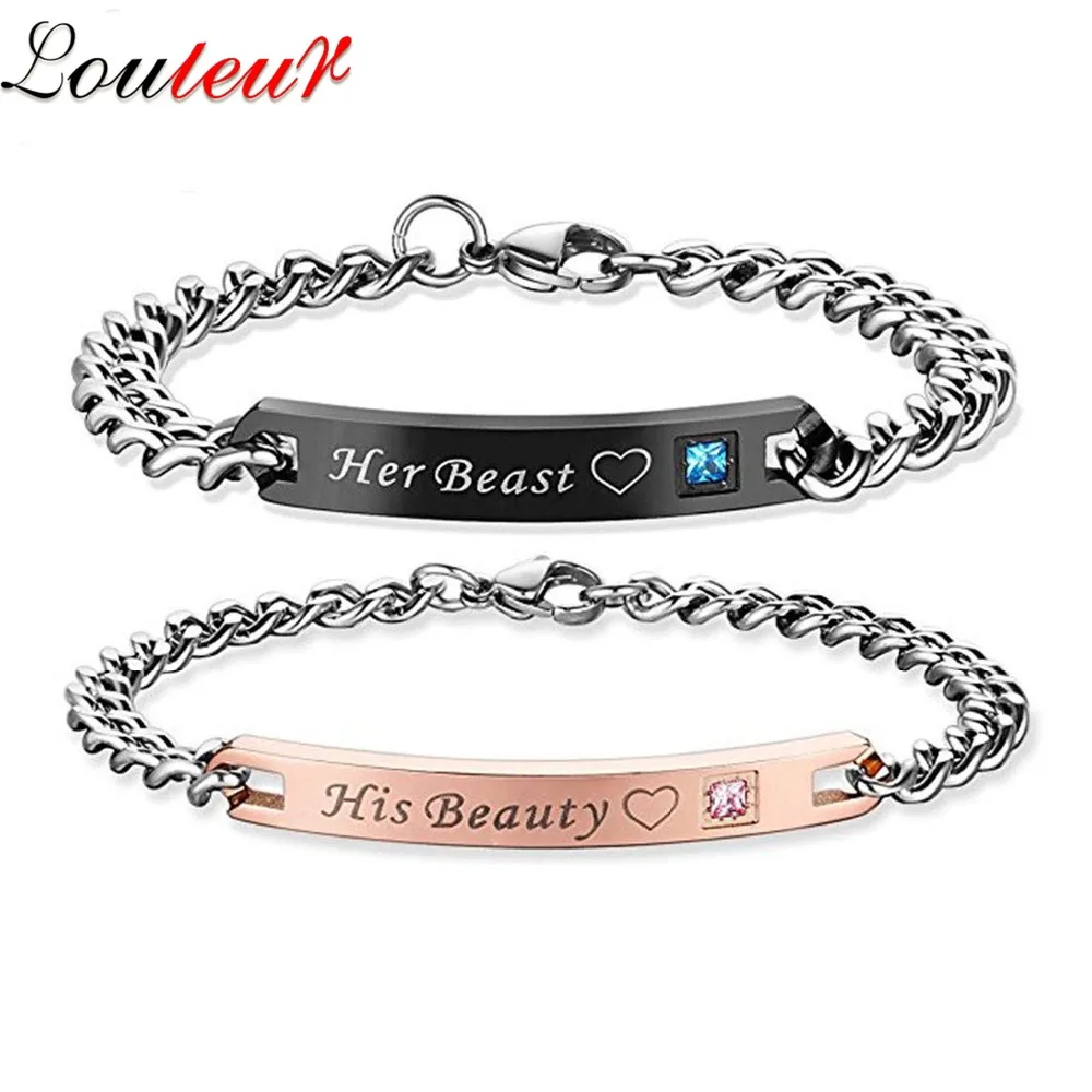 

LOULEUR His Queen Her King Bracelet with AAA Zircon Stainless Steel Couple Bracelet Heart Crown Charm for Men Women Jewelry