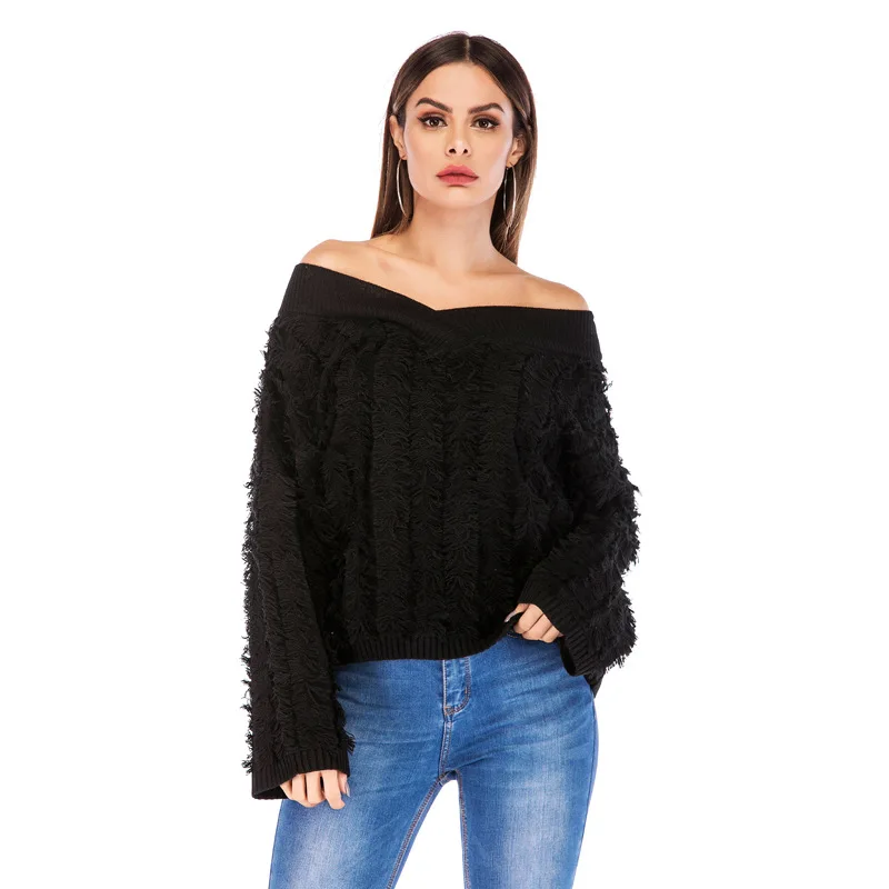 Tassel Pullover Sexy V-neck Knitted Sweater Women Female Autumn Winter New Fashion Long Sleeve Over Sized Sweater Knitwear Tops