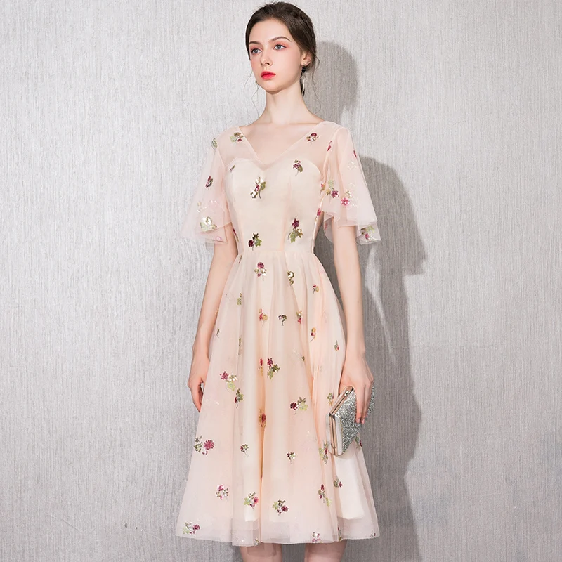 

2019 Cocktail Dresses Champagne Elegant V-neck High Waist Tea Length Fashionable Affordable Party Dresses for Women LF327
