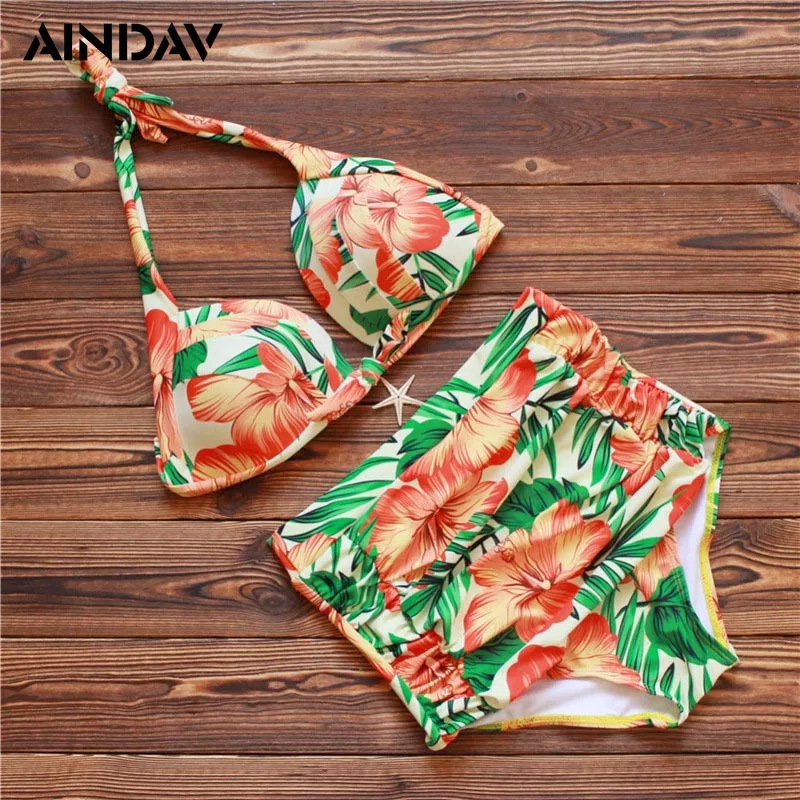 

AINDAV Flower Print Halter Bikini Women Brazilian High Waist Bikinis Ruffle Bottoms Bathing Suit Swimwear Retro Floral Swimsuit