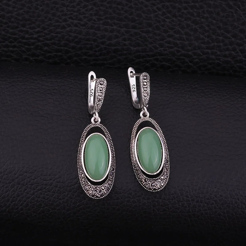 Sellsets Vintage Silver Color Oval Long Earring Pave Black Rhinestone And Resin Opal Dangle Drop Earrings Women Jewelry Gifts