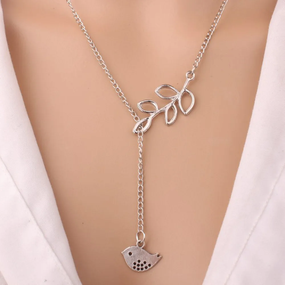 

2018 New Boho Style Simple Peace Dove Leaves Design Pendant Necklaces Silver Long Chain Jewelry with Portable Velvet Bag Gift