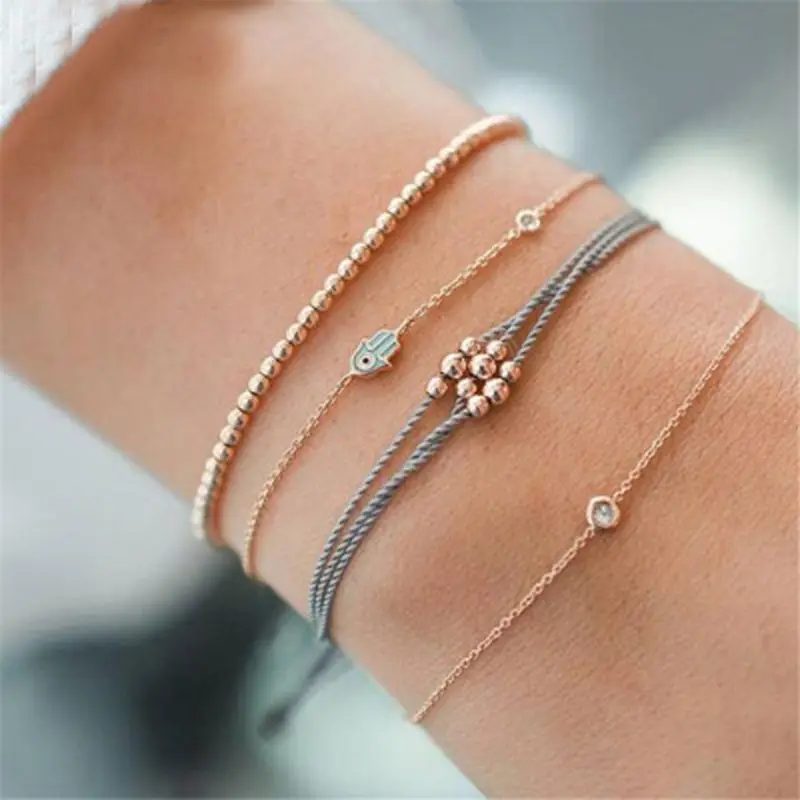 

4Pcs Boho Summer Crystal Evil Eye Adjustable Open Bracelet Anklet Women Jewelry