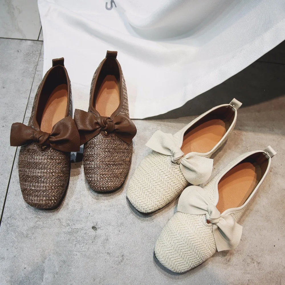 Cane Knitted square toe loafers designer new brief bow-knot autumn flats shallow single zapatos mujer famous brand soft bottom | Обувь