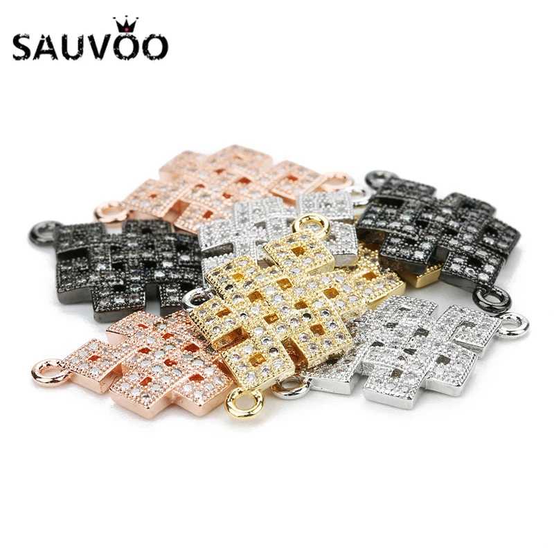 

SAUVOO Gold Color 13*22mm Chinese Knot Connectors Pendant CZ Micro Pave Charms Connector For Bracelet Jewelry Findings F7736