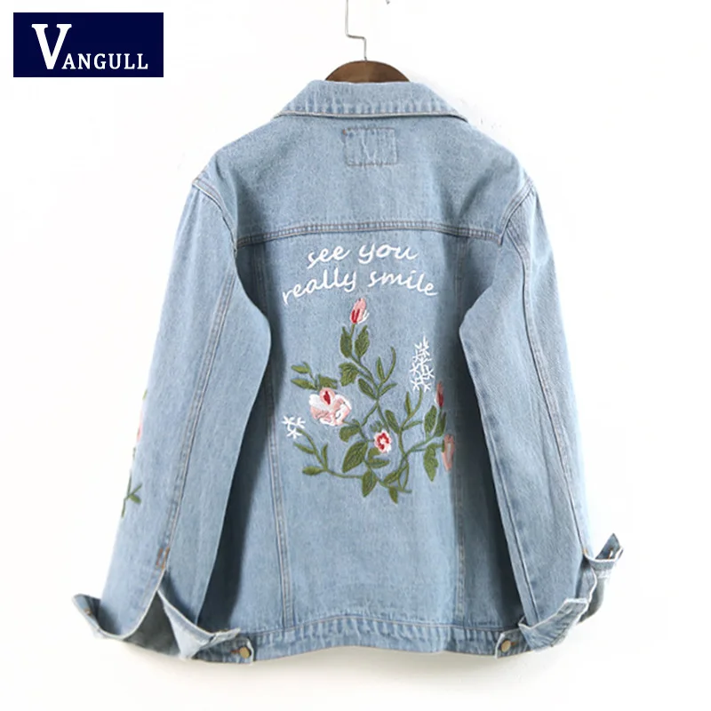 price cut Women Floral Embroied Denim Bomber Jacket Ladies Elegant Autumn Outwear Female Vintage Fashion Coat