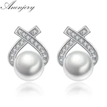 Anenjery Простые Модные 925 пробы серебряные циркониевые треугольные серьги-гвоздики из искусственного жемчуга для женщин S-E248