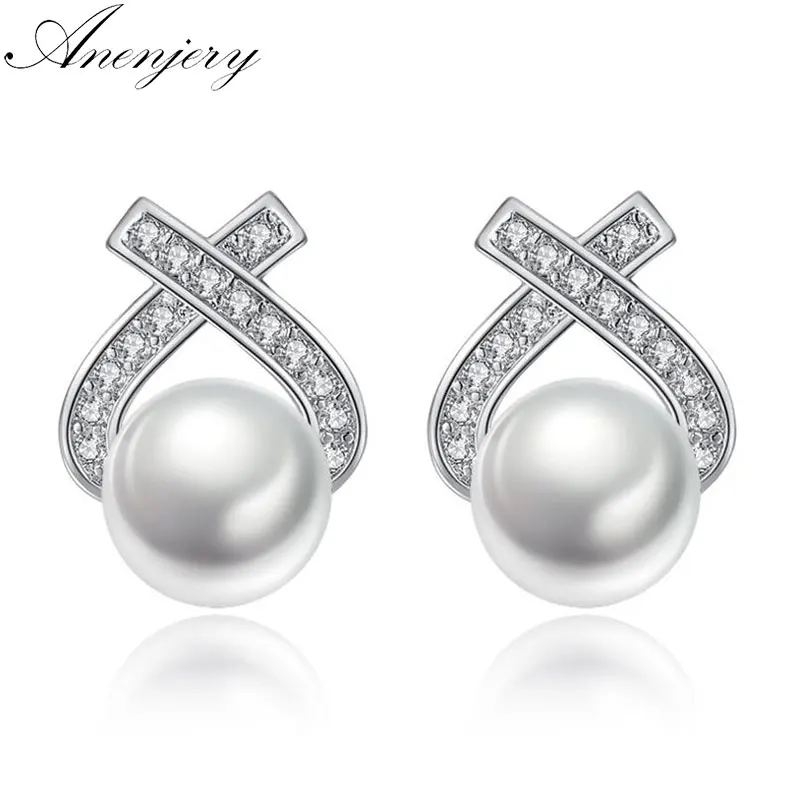 

Anenjery Simple Fashion 925 Sterling Silver Zircon Triangle Simulated Pearl Stud Earrings For Women S-E248