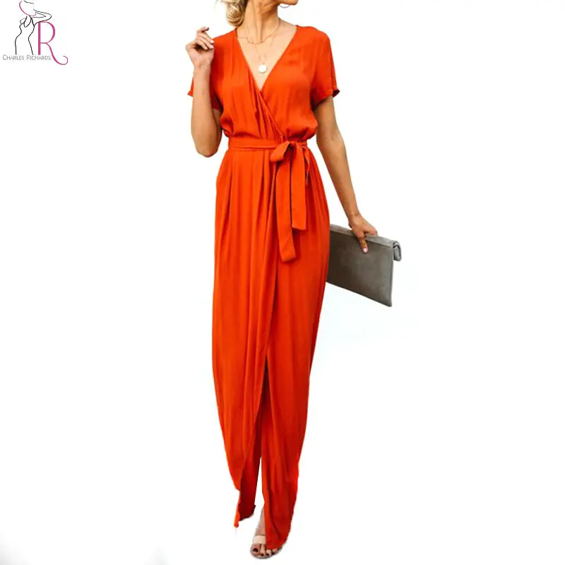 

Four Colors Sexy Deep V-neck Tie Waist Thigh Split Front Maxi Dress Women 2018 Short Sleeve Casual Summer Long Dress Vestidos