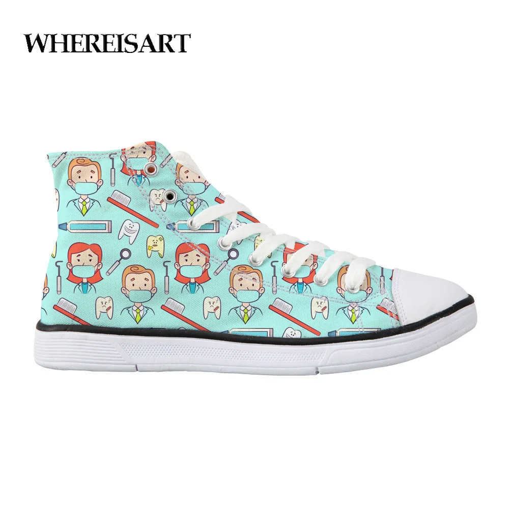 

WHEREISART Cartoon Nurse Print High Top Women Canvas Sneaker Shoes Fashion Style High Cut Lace Shoes Casual Walking Shoes