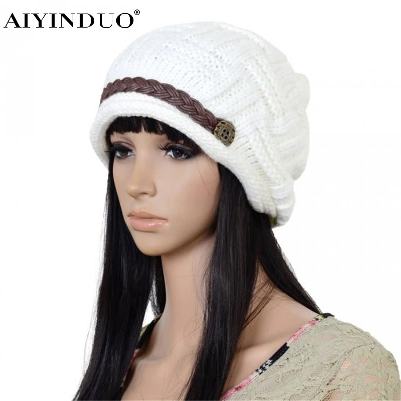 

2016 New Fashion Korean Style Autumn and Winter Wool Knit Hat Leather Chain Set Of Head Cap Warm Hat Outdoors Men and Women
