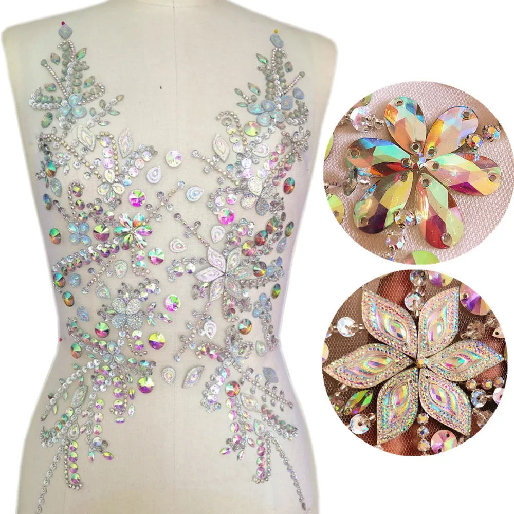 Hand Made 30x55cm Sew On Ab Crystals Stones Rhinestone Appliques