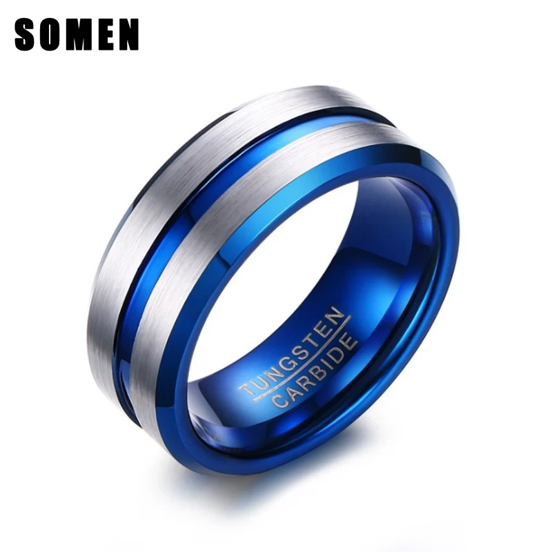 

Somen Trendy 8MM Thin Blue Line Men Tungsten Carbide Ring Fashion Europe Style Wedding Bands Party Rings Jewelry