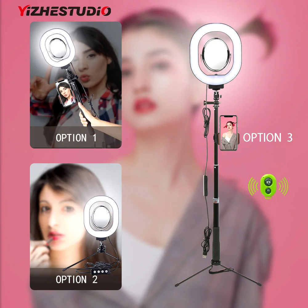 

Yizhestudio Photography Dimmable LED Selfie Ring Light kit with Phone Holder USB Plug Tripod Stepless Selfie light 3500-5500k