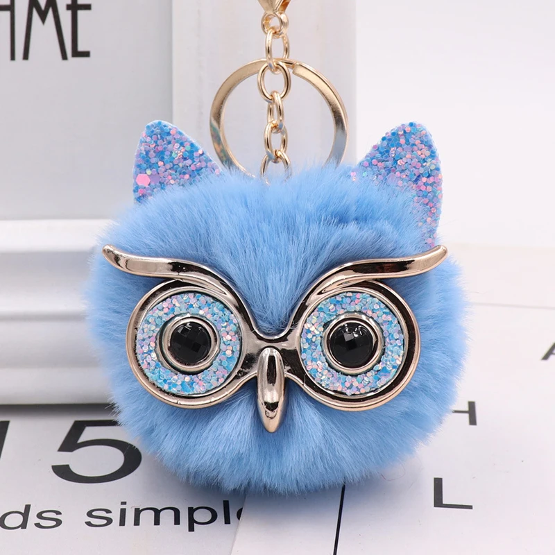 

Lovely Sequin Ear Owl Keychains For Girls Boy Fluffy Fake Animal Fur Ball Pompon Key Chain Charm Women Bag Key Ring Xmas Gift