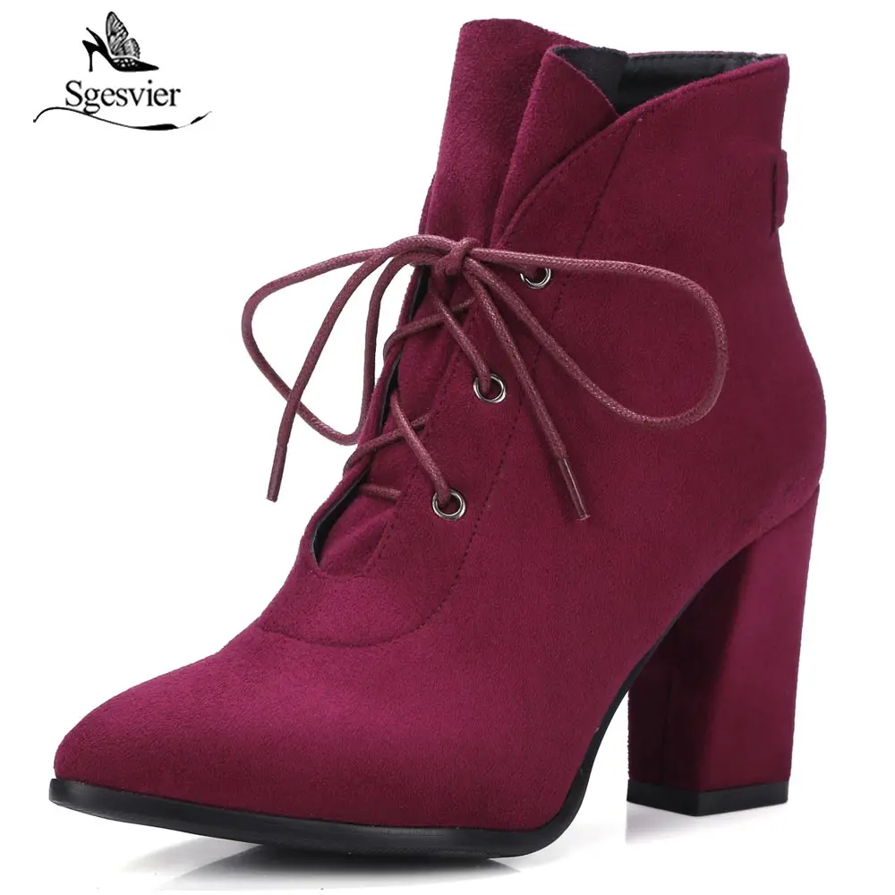 

Sgesvie Autumn Shoes Women Pointed Toe Lace Up Flock Fashion Boots Lady Thick High Heel Ankle Boots Party Shoes Size 33-43 B570