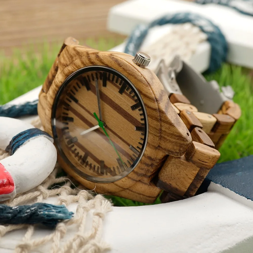 BOBO BIRD L-K28 Silver Needles Dial Face Zebra Wooden Male Watch Fashion Men-sized Green Second Hour Quartz Watch for Men