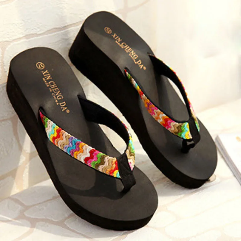 

Summer Platform Sandals Beach Flat Wedge Patch Flip Flops Lady Slippers Bohemia Floral Beach Sandal Platform Thongs Slippers
