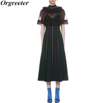 

New 2018 Summer Runway Designe High Quality Sexy Perspective Ruffle Lace Dress Women Cloak Sleeve Green Patchwork Dress Vestidos