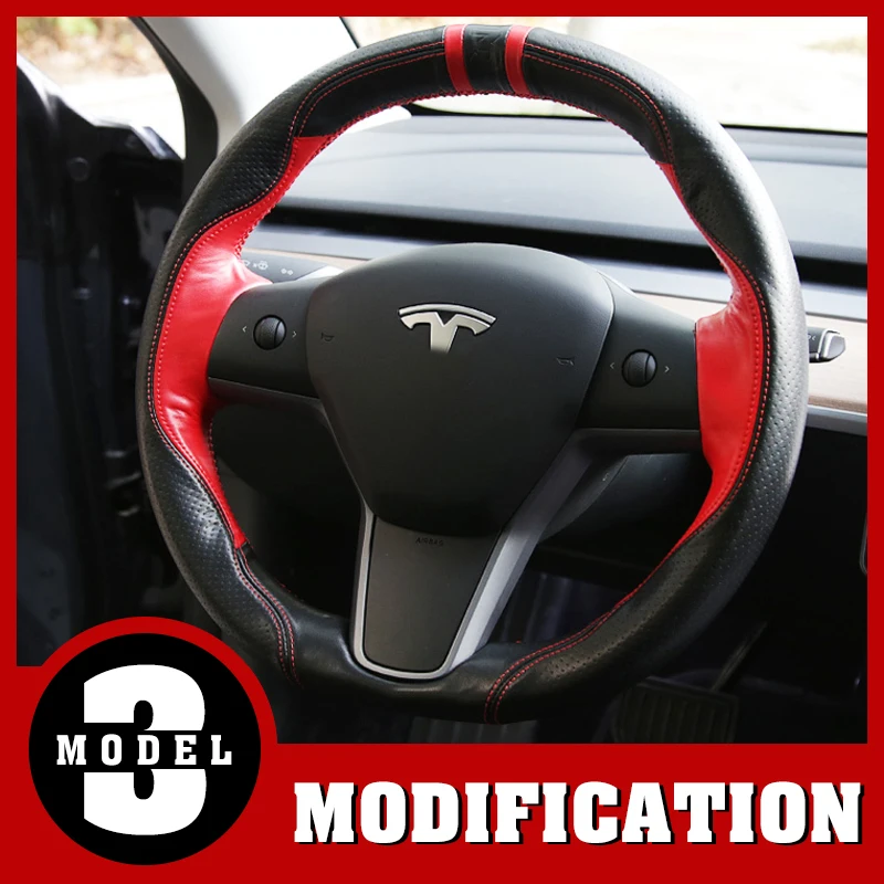 

Modification Suitable for tesla Tesla model3 steering wheel cover modified hand-sewn accessories decoration