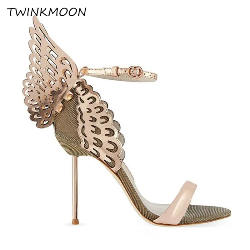 High-end Women Pink Butterfly Sandals Metal Stiletto Heel Metallic Cut-outs Pumps Bling Bling Crystal Celebrity Wedding Shoes