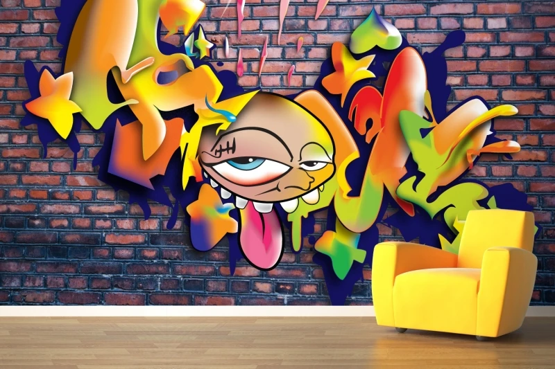 Graffiti Behang Mural Graffiti Over Brick Wall Mural 3D 3D wallpaper for child bedroom - Graffiti Behang