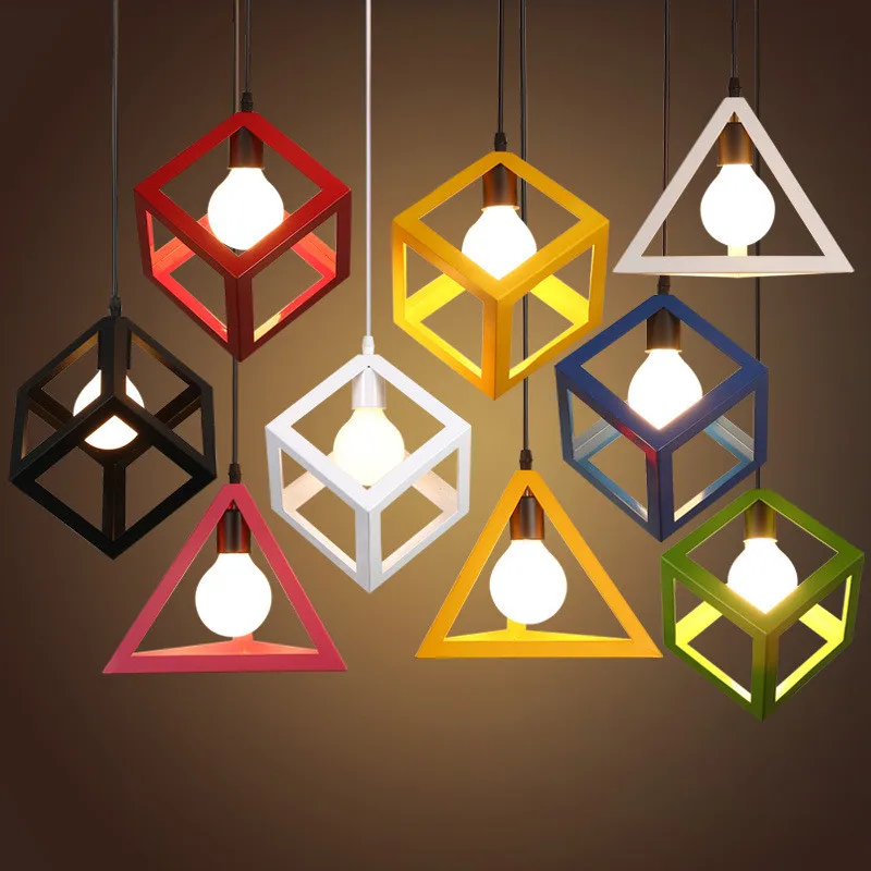 

Colorful Nordic Single Head Pendant Light LED Vintage Loft Lamp Geometry Modern Kitchen Dining Room Bar Boutiques Iron Art Decor