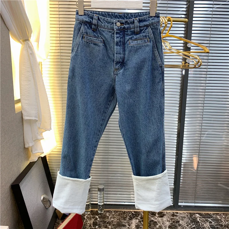 

Cowboy Fisherman Pants Design White Roll Pants Wash Jeans Washed Fake Zippers Light Full Length High Waist Jeans 2019