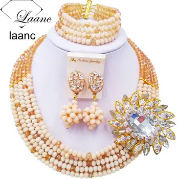 

Beautiful Gold AB Beige Crystal Beaded Necklaces Costume Nigerian Wedding African Beads Jewelry Set for Women 5SZK014