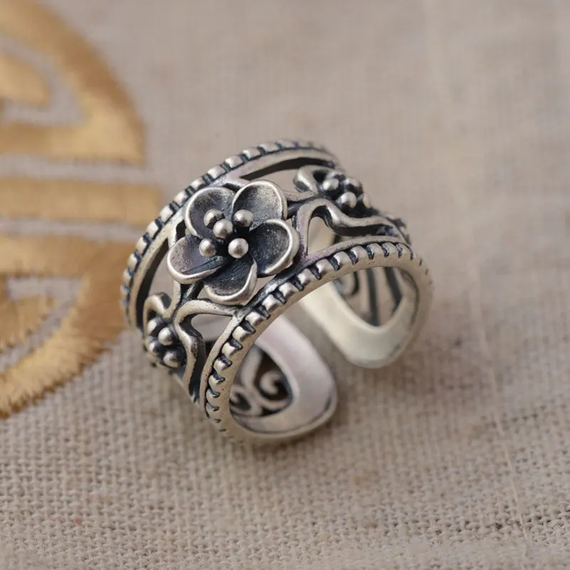 Женское кольцо с цветком из серебра 925 пробы регулируемый размер|thai silver ring|rings for