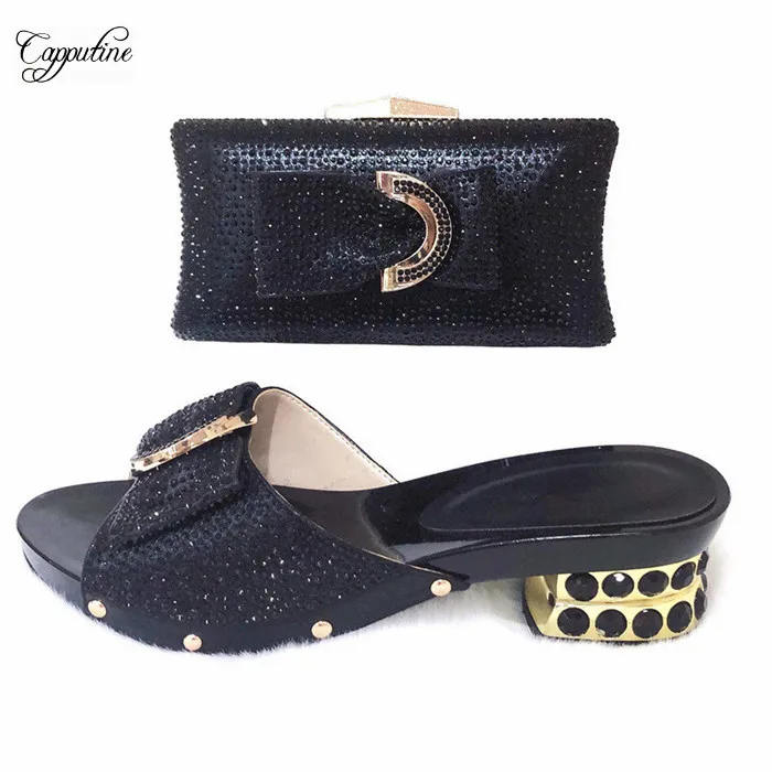 

Wonderful black with rhinestones design slipper shoes and evening bag set for party CSB13 size 37-43, 6 color on sale