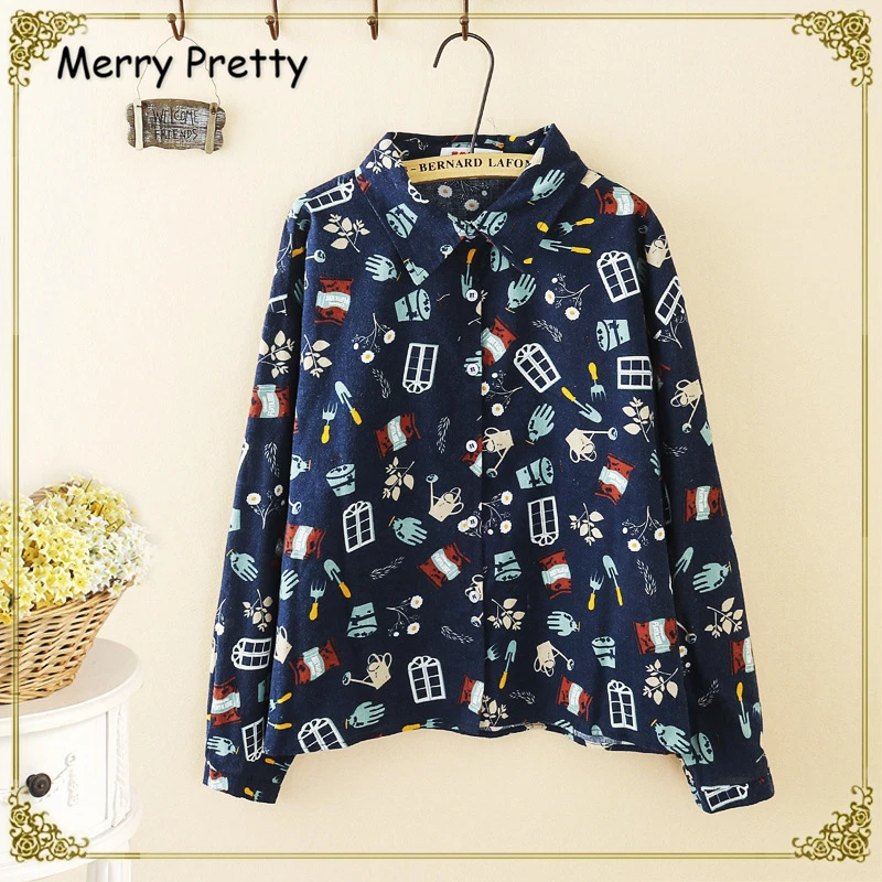 

MERRY PRETTY Women Cartoon Print Summer Blouse Shirts Long Sleeve Turndown Collar Casual Blouse For Ladies Blasus Shirt Tops