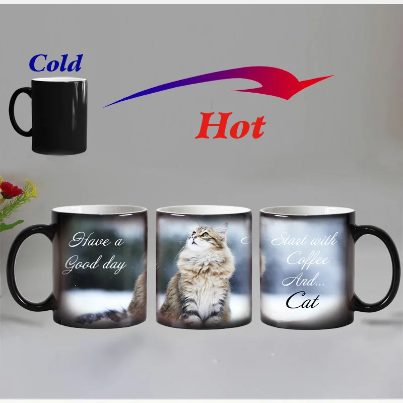 

Free shipping Lovely CAT Heat Reveal Mug Ceramic Color Changing Coffee Mugs Magic Tea Cup Mug