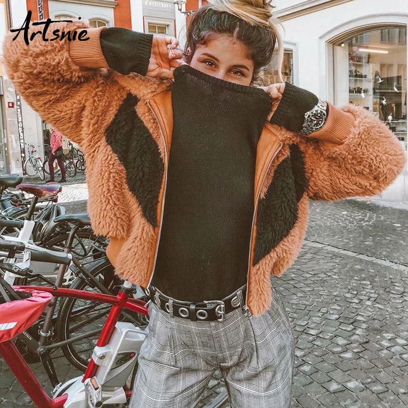 

Artsnie turtleneck fur faux jacket women autumn winter 2019 double pockets zipper streetwear casual coats jacket chaqueta mujer
